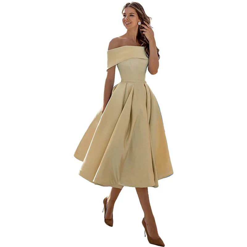 Damklänning – Off-Shoulder – Figurnära Liv – Utställd Kjol – Tealängd Elegant Stil