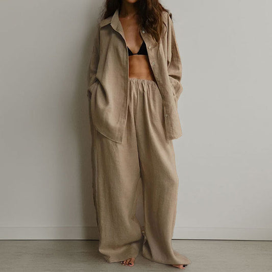 Damset med skjorta och byxor – Linneblandning – Oversize passform – Ledig stil