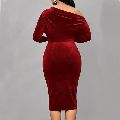 Damklänning – Omlottmodell – Velour – Figursydd – Asymmetrisk Off Shoulder – Lång Ärm