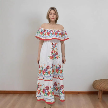 Damklänning maxi off-shoulder – blommig – rynkat liv – volangkjol – knytskärp