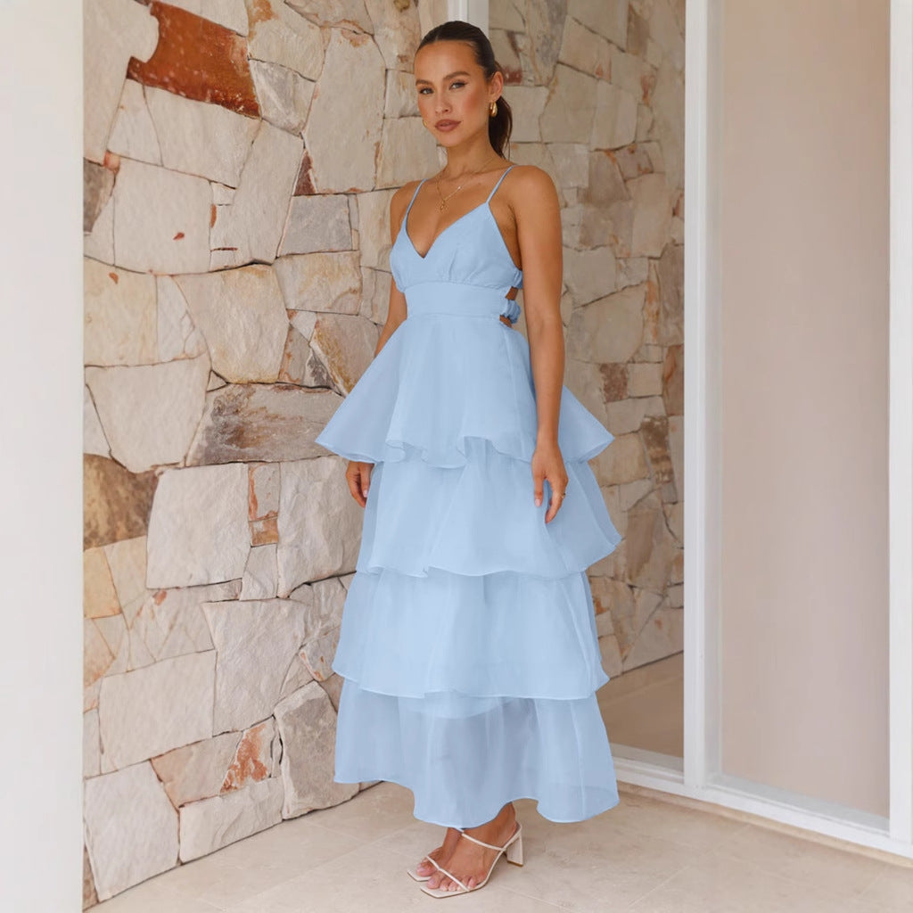 Damklänning Maxi – Luftigt Tyg – V-ringning – Spagettiband – Volanglager