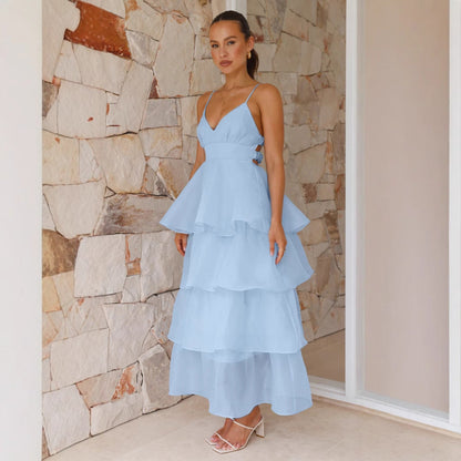 Damklänning Maxi – Luftigt Tyg – V-ringning – Spagettiband – Volanglager