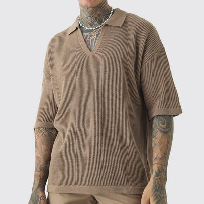Herr T-shirt – Avslappnad Passform – Texturerad Stickning – V-ringning med Krage