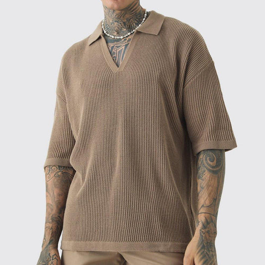 Herr T-shirt – Avslappnad Passform – Texturerad Stickning – V-ringning med Krage