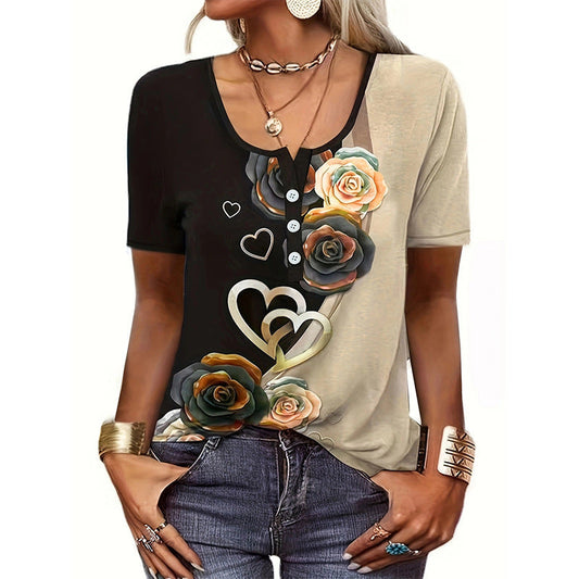 Dam T-shirt – Avslappnad Passform – Bomull – Konstnärligt Blommönster
