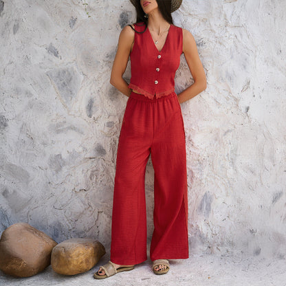 Damset med väst och vida byxor – Skräddad passform – Spetsdetalj – Andningsbart tyg