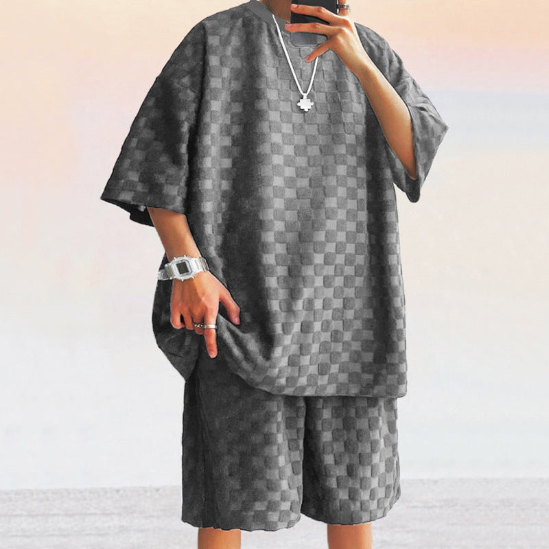 Herrset – Jacquardstickad T-shirt med Lös Passform & Raka Shorts – Andasmaterial