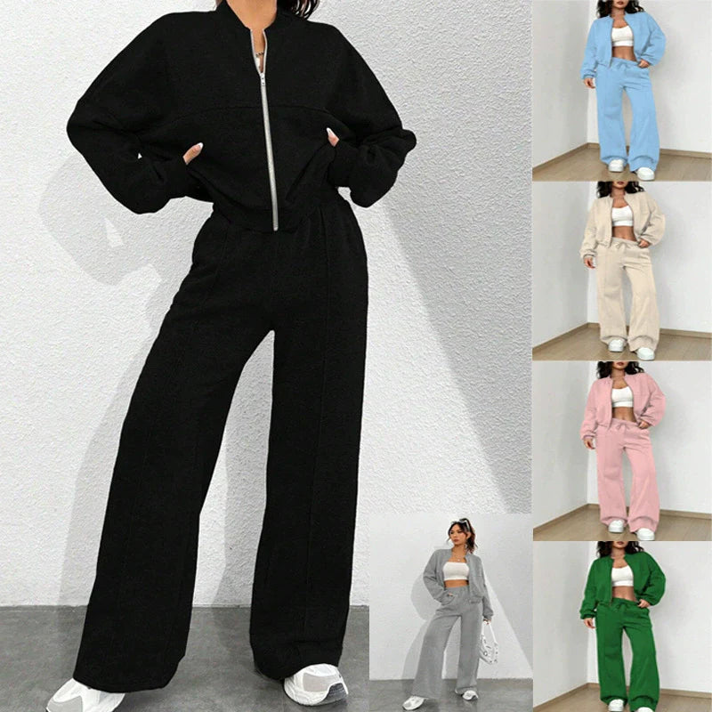 Dam Loungewear Set – Kort Bomberjacka – Vida Byxor Hög Midja – Mjuk Bomullskänsla