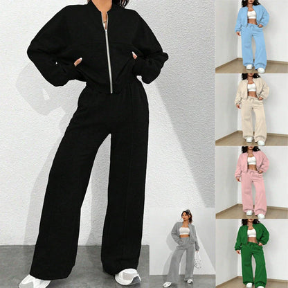Dam Loungewear Set – Kort Bomberjacka – Vida Byxor Hög Midja – Mjuk Bomullskänsla