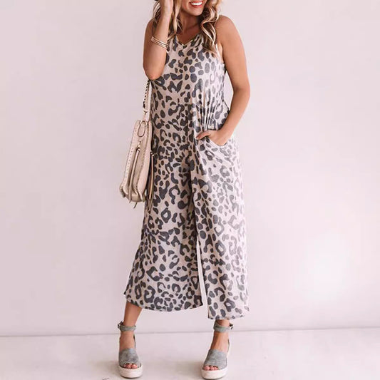 Dam Jumpsuit – Ärmös – Lös Passform – V-ringning – Croppade Vida Ben – Leopardmönstrad