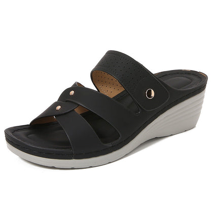 Dam Sandaler med Kilklack – Öppen Tå – Slip-On – Mjuk Sula – Dekorativa Remmar