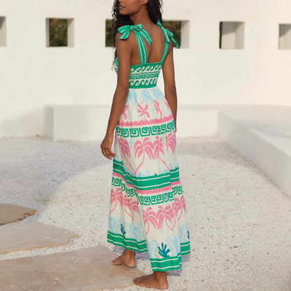 Damklänning maxi – bomullsblandning – ärmlös A-linje – volang med blommigt mönster