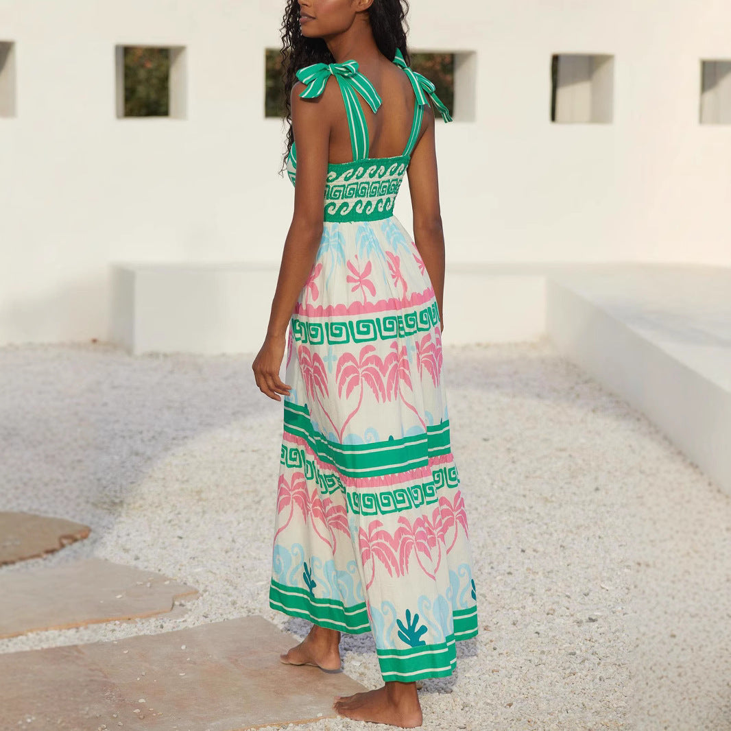 Damklänning maxi – bomullsblandning – A-linjeform – volangskikt med mönster