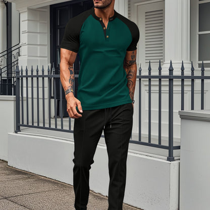 Herrset med T-shirt och Byxor – Slim Fit – Byxor med raka ben – Knapplist – Raglanärmar