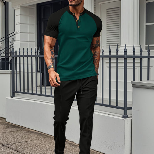 Herrset med T-shirt och Byxor – Slim Fit – Byxor med raka ben – Knapplist – Raglanärmar