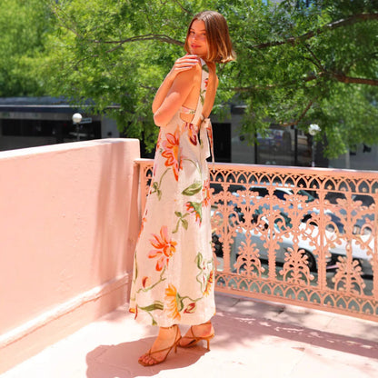 Damklänning lång – Smal passform – Blommigt mönster – Öppen rygg – Bomull