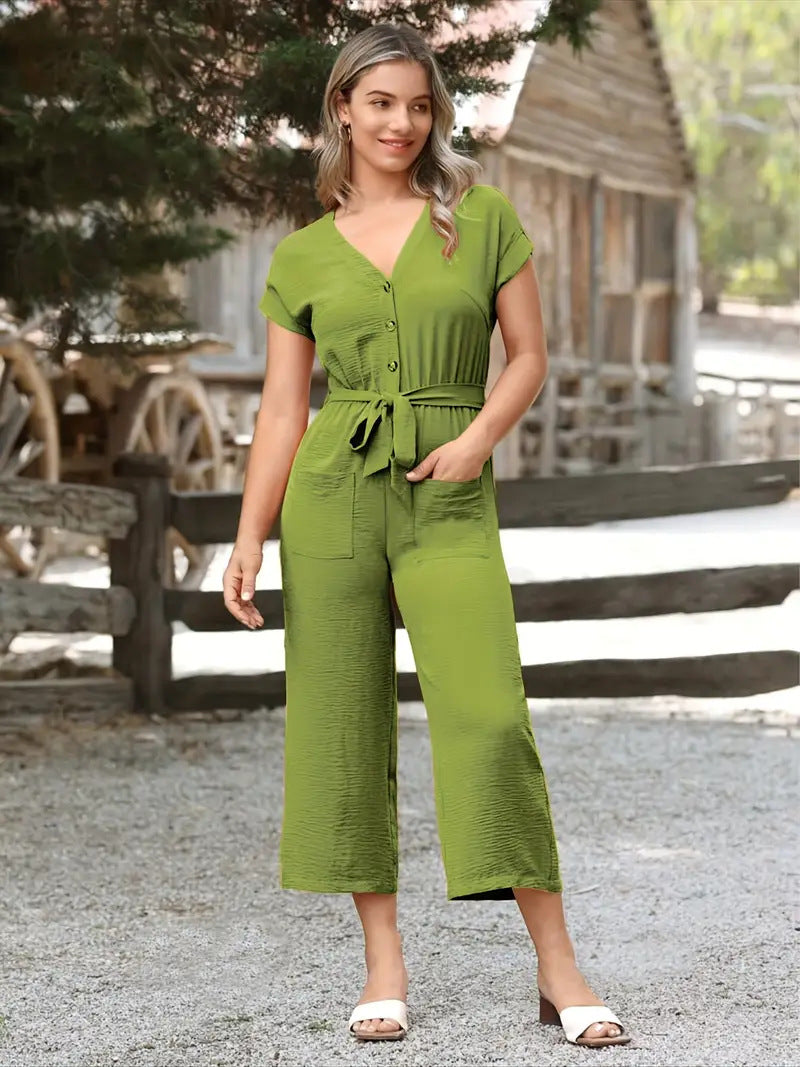 Dam jumpsuit – V-ringning – Kort ärm – Avslappnad passform – Bälte – Knäppning – Fickor