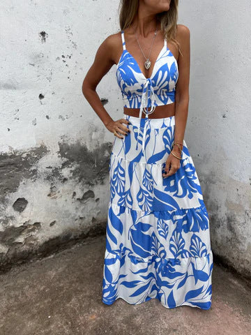 Damset – Kort Topp med Knytband – Lång Fladdrig Kjol – Andningsbart Tyg