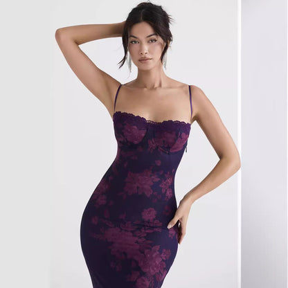 Damklänning – Figurnära Passform – Blommigt Mönster – Spagettiband – Öppen Rygg