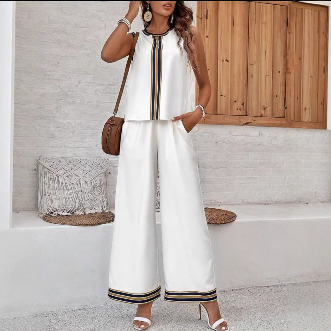 Damset med ärmlös topp och vida byxor – avslappnad passform – mjukt tunt tyg