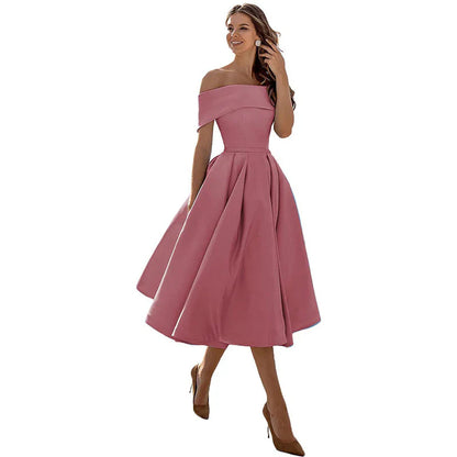 Damklänning – Off-Shoulder – Figurnära Liv – Utställd Kjol – Tealängd Elegant Stil