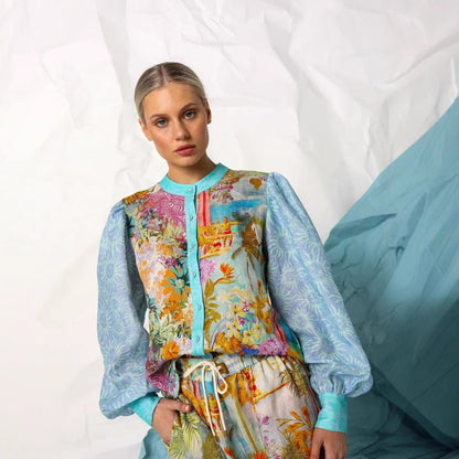 Damset med skjorta och shorts – Linne – Avslappnad passform – Print – Dragsko i midja