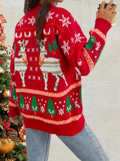 Damtröja – Stickad – Avslappnad Passform – Ullblandning – Renmotiv & Snöflingor