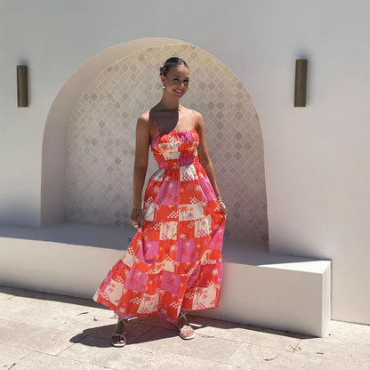 Damklänning maxi – Luftig passform – Spaghettiband – Rynkad överdel – Bomullsblandning