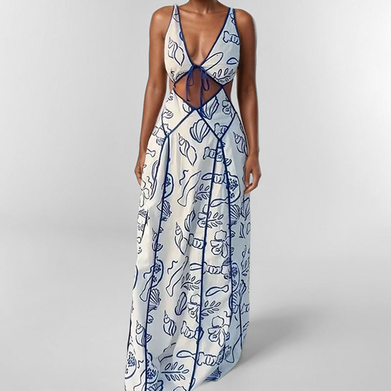 Damklänning maxi – V-ringning med cut-out – Lätt bomullskänsla – Ledig passform