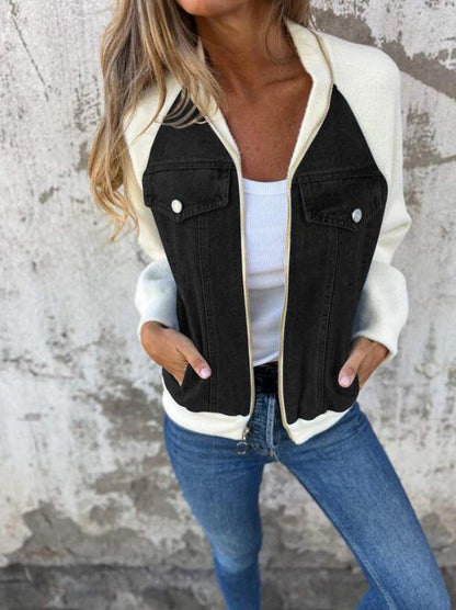 Dam Jacka Bomber – Ullmix – Denim Detaljer – Avslappnad Passform – Dragkedja – Höftlängd