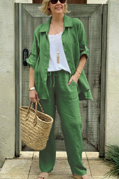 Damsett med skjorta och byxa – Linne – Avslappnad passform – Raka byxor