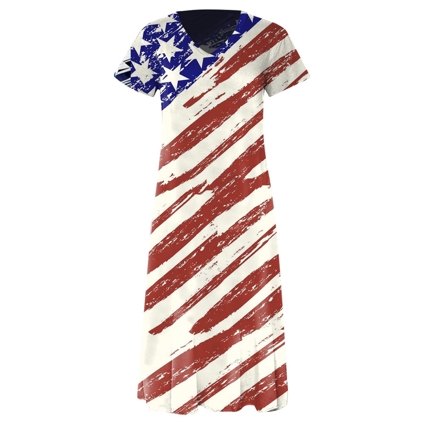 Damklänning maxi – Avslappnad passform – V-ringning – Kort ärm – Grafiskt mönster – Bomullsblandning