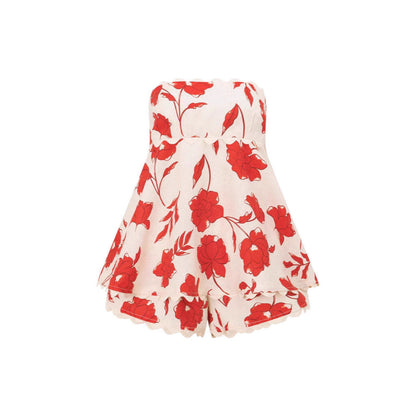 Damset tvådelat – linne – avslappnad passform – kort topp & shorts – blommigt mönster – spetsdetaljer