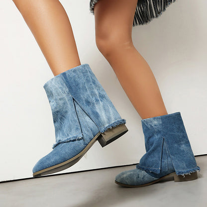 Damstövletter – Slip-on med låg klack – Denimlook – Fransade detaljer – Vardagssnygg