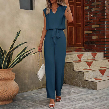 Damset med ärmlös topp och vida byxor – V-ringning – Justerbar midja – Luftig passform