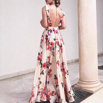 Damklänning maxi – A-linjeformad passform – Ärmös rygglös – Blommigt tryck bomull