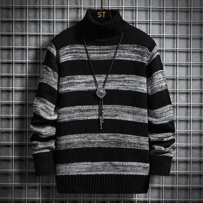 Herr Turtleneck Tröja – Slim Fit – Ullmix – Randigt Mönster – Ribbad Kant