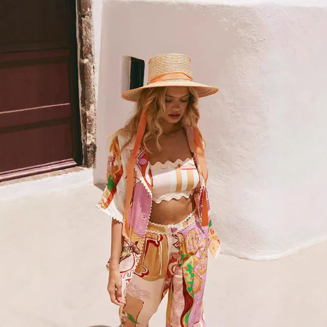 Damset i linne – Avslappnad passform – V-ringad topp med vida ärmar – Vida byxor med resårmidja