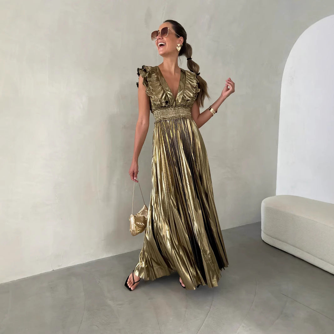 Damklänning för kväll – Satinkänsla – A-linje – Rynkad V-ringning – Plisserad maxilängd