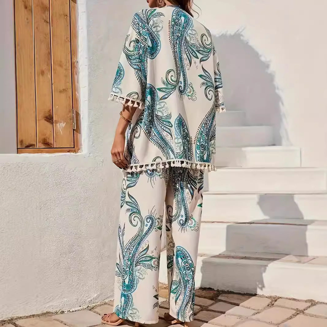 Dam Kimono Set – Vida Byxor – Paisleymönster – Fransdetaljer – Andningsbar Mix
