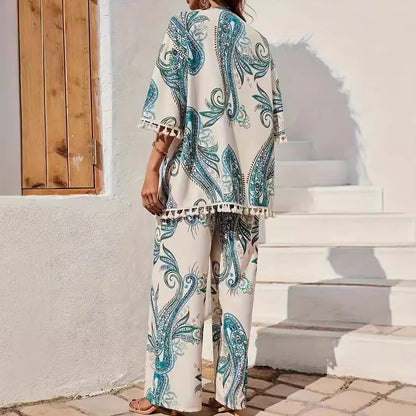 Dam Kimono Set – Vida Byxor – Paisleymönster – Fransdetaljer – Andningsbar Mix