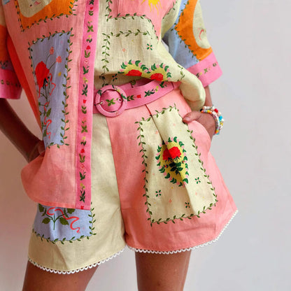 Damset med skjorta och shorts – Linne – Avslappnad passform – Broderad – Hög midja med skärp