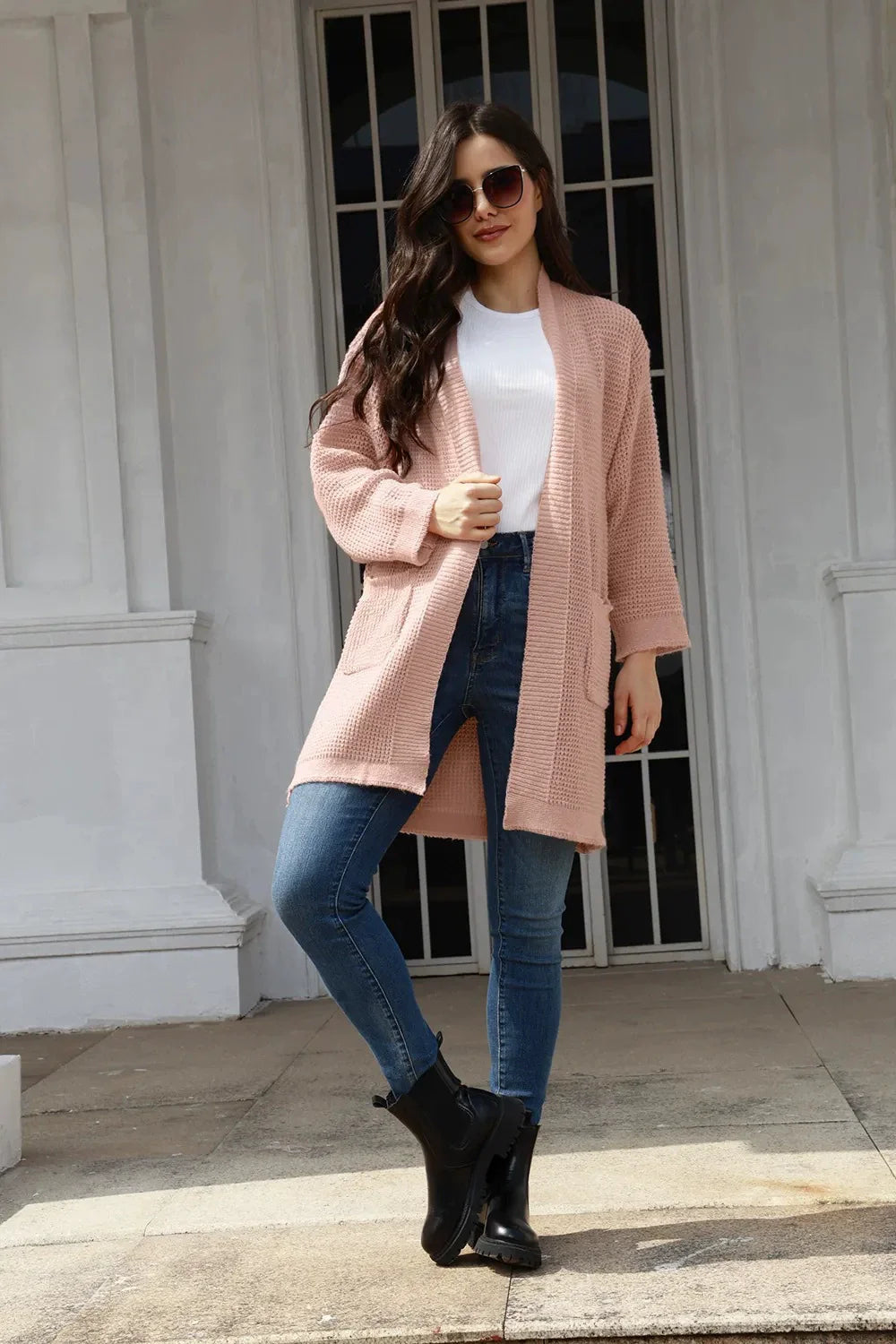 Damkofta – Stickad Ullkänsla – Stickad ullblandning – Öppen Front – Med Fickor