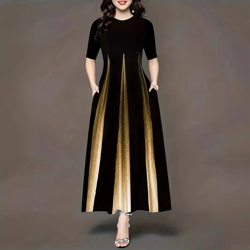 Damklänning – Maxilängd – Plisserad Kjol – Kort Ärm – Sidofickor