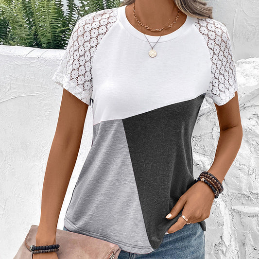 Dam T-shirt – Avslappnad Passform – Spetsärm – Bomullsblandning – Rund Halsringning
