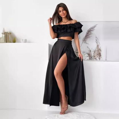 Damset – Off-Shoulder Volang Crop Top – Hög Midja Slits Maxikjol – Lätt Material