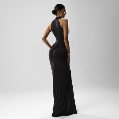 Damklänning Bodycon – Stretchig Slim Fit – Hög Hals – Rynkad Midi – Ärmlös Festlook