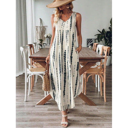 Damklänning maxi – avslappnad passform – ärmlös – v-ringning – bomull