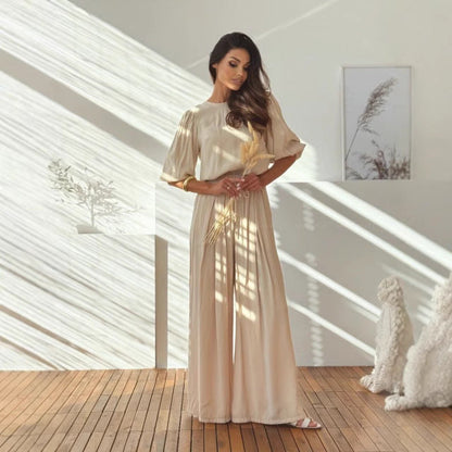 Damset – Lös Topp med Ryggrosett – Vida Byxor med Resårmidja i Andningsbar Mix