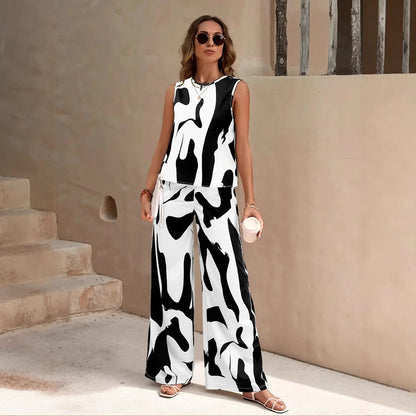 Damset – Ärmlös Topp & Vida Byxor – Avslappnad Passform – Luftigt Tyg